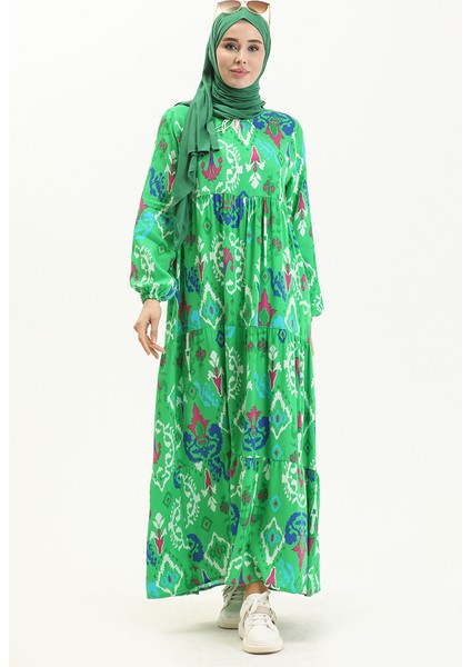 Desenli Elbise 4093-04 Yeşil fiyatları