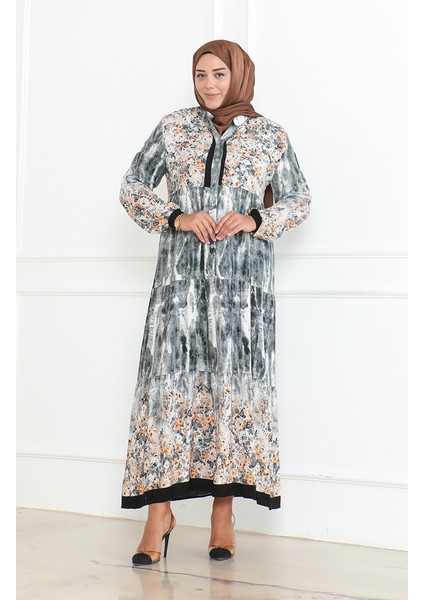 Büyük Beden Desenli Viskon Elbise 5071-02 Gri