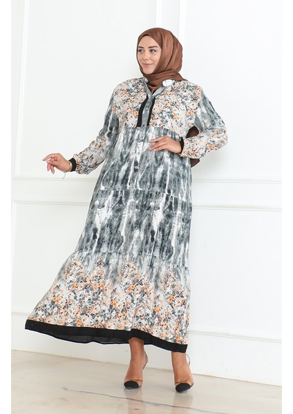 Büyük Beden Desenli Viskon Elbise 5071-02 Gri fiyatları
