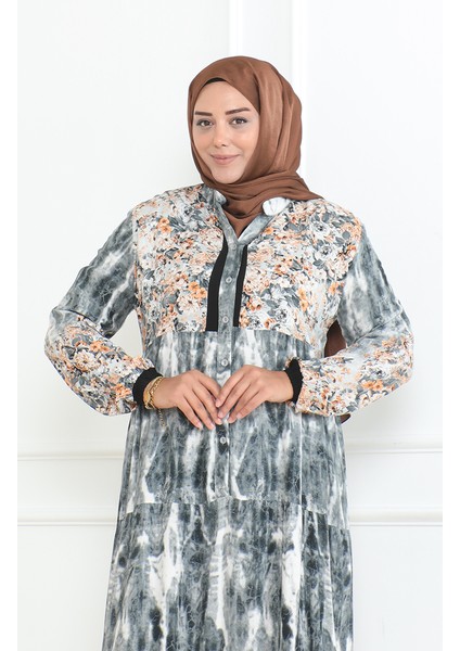 Büyük Beden Desenli Viskon Elbise 5071-02 Gri modelleri