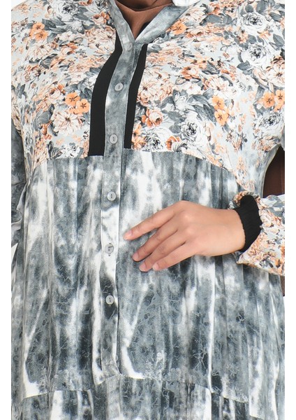 Büyük Beden Desenli Viskon Elbise 5071-02 Gri fırsatları