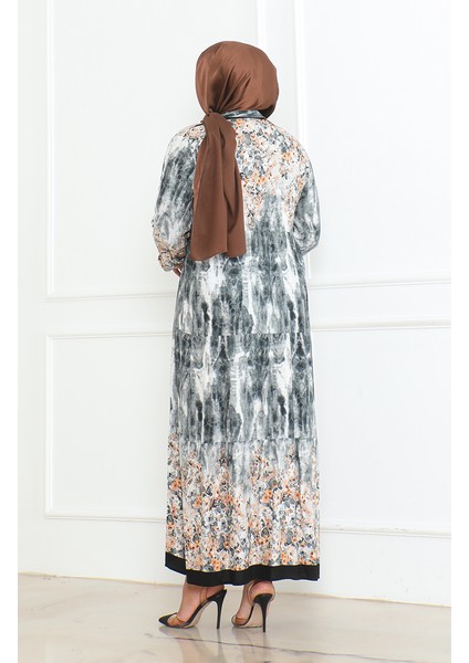 Büyük Beden Desenli Viskon Elbise 5071-02 Gri indirimleri