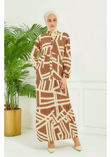 Geometrik Desen Elbise 4106-05 Vizon modelleri