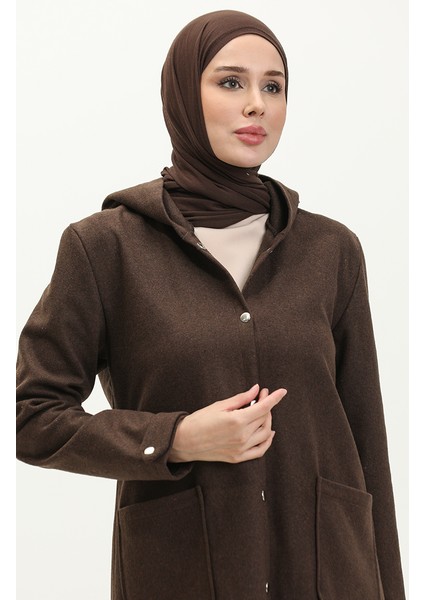 Kapüşonlu Kaşe Kap 1691-04 Kahverengi
