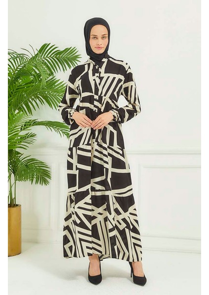 Geometrik Desen Elbise 4106-04 Siyah
