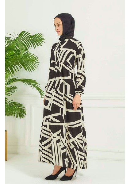 Geometrik Desen Elbise 4106-04 Siyah