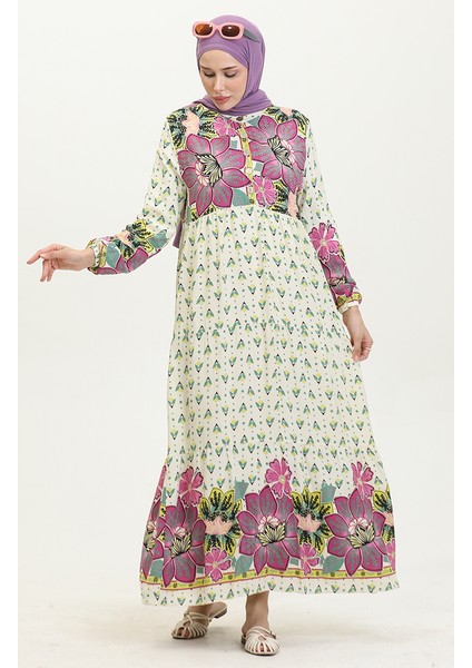 Çiçek Desenli Elbise 4093-02 Fuşya