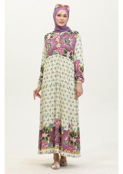 Çiçek Desenli Elbise 4093-02 Fuşya
