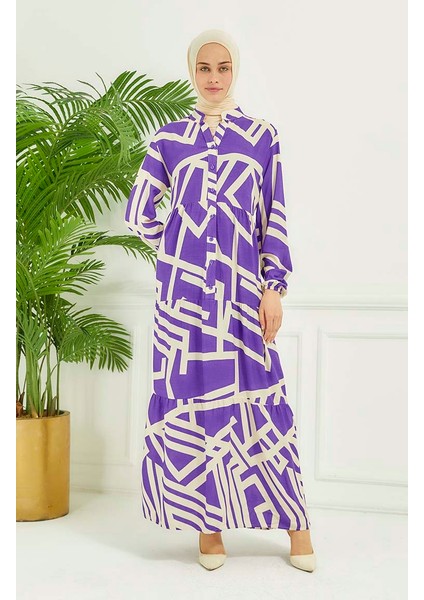 Geometrik Desen Elbise 4106-02 Lila