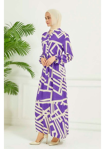 Geometrik Desen Elbise 4106-02 Lila