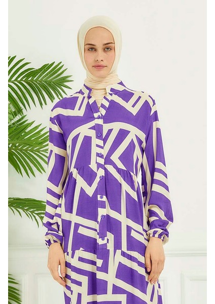 Geometrik Desen Elbise 4106-02 Lila