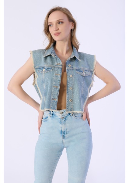 Taşlı Sıfır Kol Püsküllü Denim Ceket