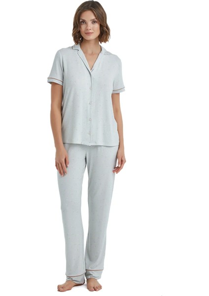Kısa Kol Gömlek Yaka Kadın Pijama Takım 51356