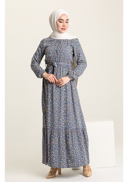 Çiçek Desenli Elbise 4066-05 Indigo