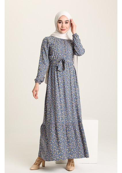 Çiçek Desenli Elbise 4066-05 Indigo