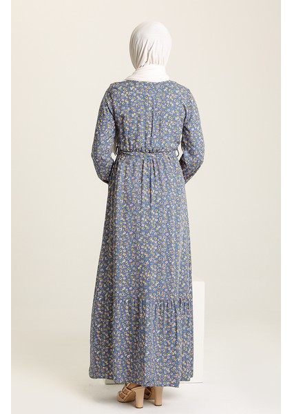 Çiçek Desenli Elbise 4066-05 Indigo