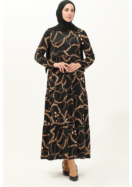 Zincir Desen Elbise 1707-01 Siyah