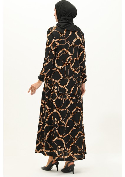 Zincir Desen Elbise 1707-01 Siyah indirimleri