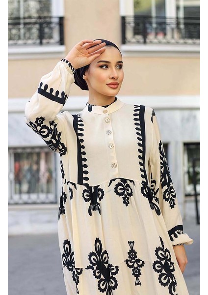 Çini Desen Elbise 4100-01 Ekru