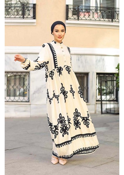 Çini Desen Elbise 4100-01 Ekru