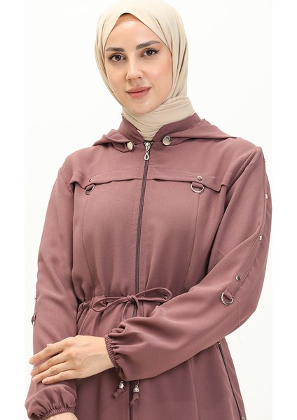 Kapüşonlu Beli Büzgülü Ferace 61346-02 Gül Kurusu