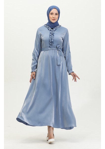 Simli Keten Kuşaklı Elbise 81863-01 Indigo