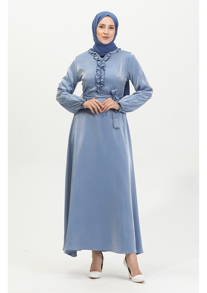 Simli Keten Kuşaklı Elbise 81863-01 Indigo