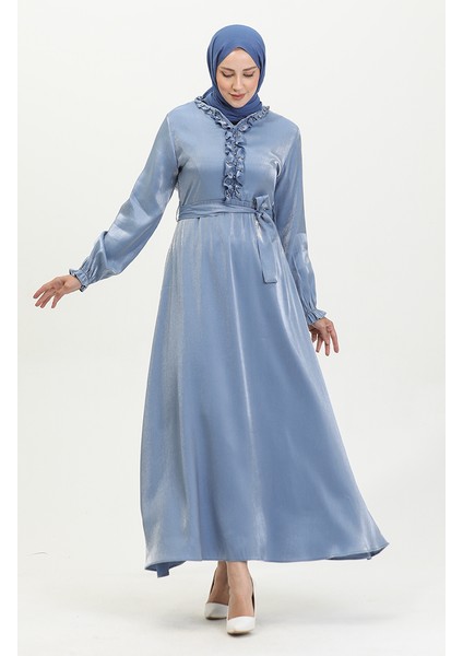 Simli Keten Kuşaklı Elbise 81863-01 Indigo