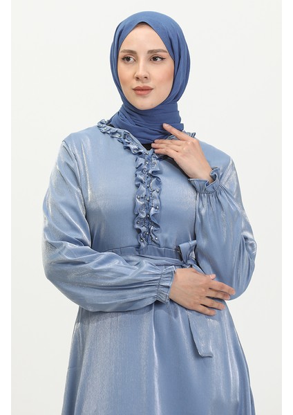 Simli Keten Kuşaklı Elbise 81863-01 Indigo