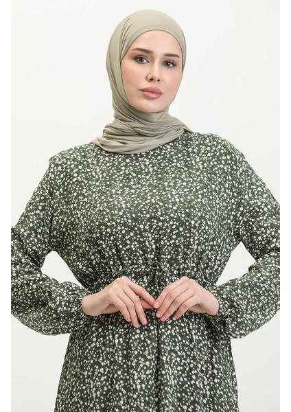 Çiçek Desenli Viskon Elbise 81859-01 Haki
