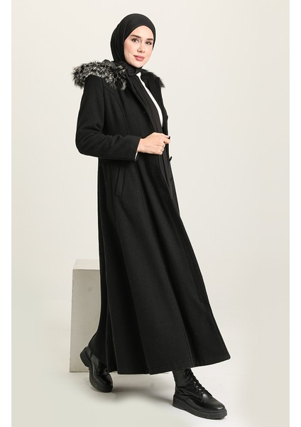 Kapüşonlu Kaşe Kaban 712010-01 Siyah