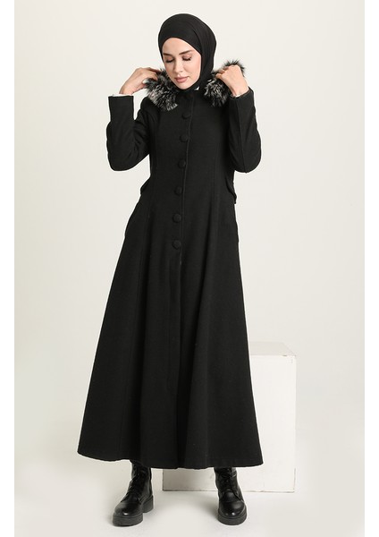 Kapüşonlu Kaşe Kaban 712010-01 Siyah