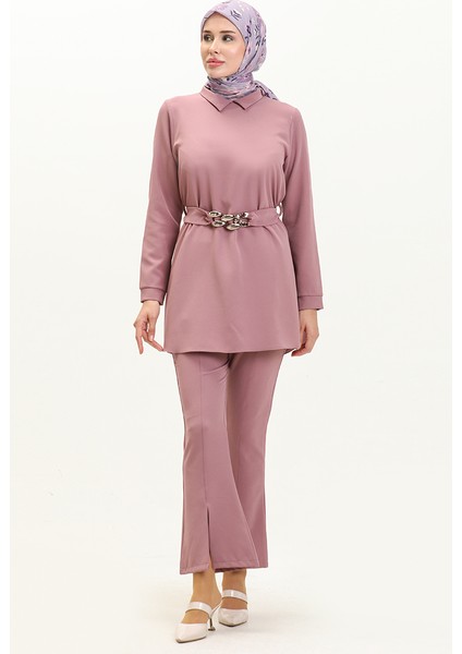 Zincir Kemerli Tunik Pantolon Ikili Takım 70007-03 Koyu Lila
