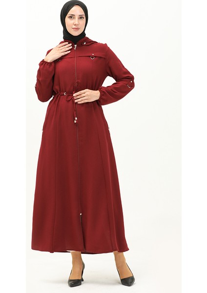 Kapüşonlu Beli Büzgülü Ferace 61346-04 Bordo fiyatları