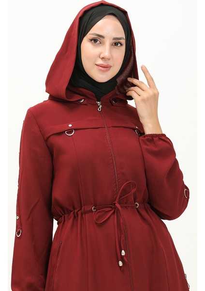 Kapüşonlu Beli Büzgülü Ferace 61346-04 Bordo modelleri
