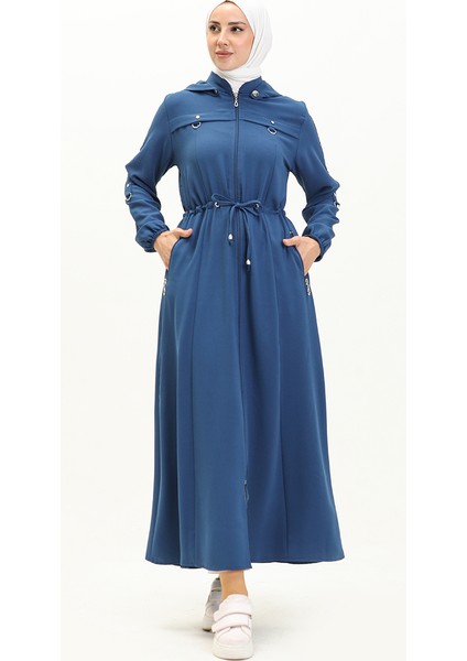 Kapüşonlu Beli Büzgülü Ferace 61346-06 Indigo