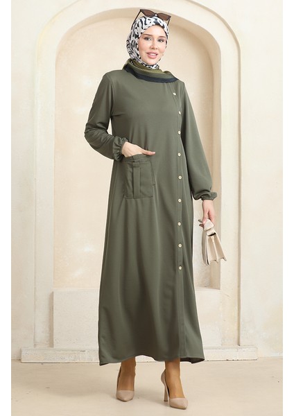 Düğmeli Cepli Elbise 3029-07 Haki