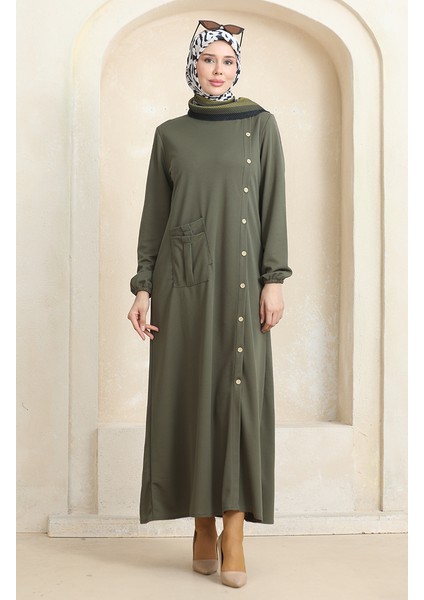 Düğmeli Cepli Elbise 3029-07 Haki