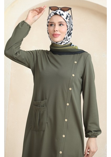 Düğmeli Cepli Elbise 3029-07 Haki
