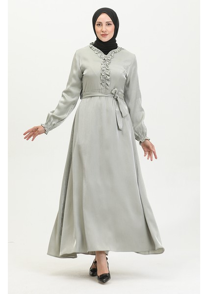 Simli Keten Kuşaklı Elbise 81863-06 Mint Yeşili