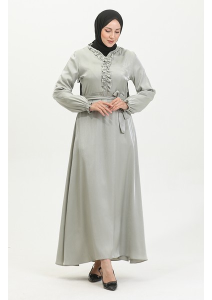 Simli Keten Kuşaklı Elbise 81863-06 Mint Yeşili modelleri