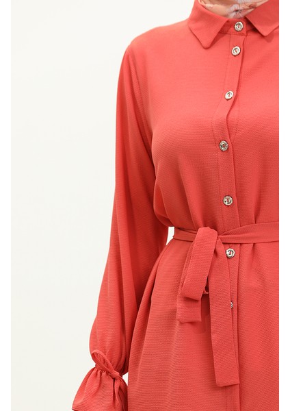 Boydan Düğmeli Kuşaklı Tunik 1007-01 Oranj