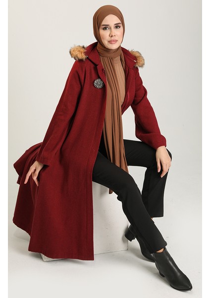 Broşlu Kaşe Kaban 611571-04 Bordo