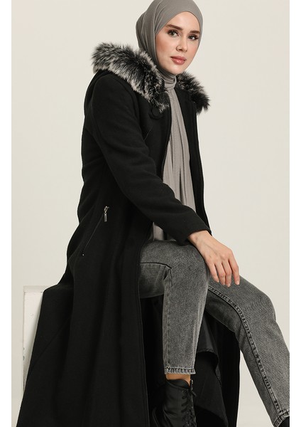 Kapüşonlu Kaşe Kaban 711930-01 Siyah