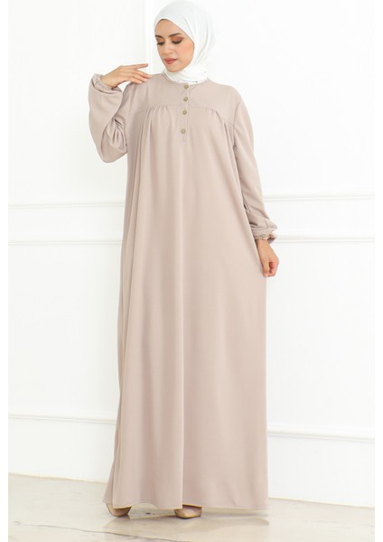 Kolu Lastikli Düğmeli Elbise 3031-06 Vizon
