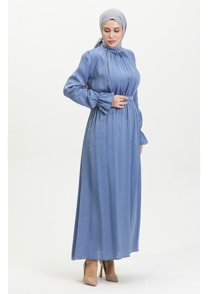 Simli Keten Kuşaklı Elbise 81853-08 Indigo