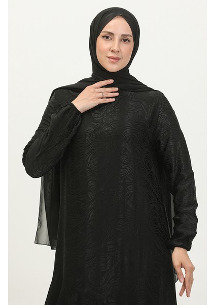 Volan Detaylı Jakarlı Elbise 81866-03 Siyah