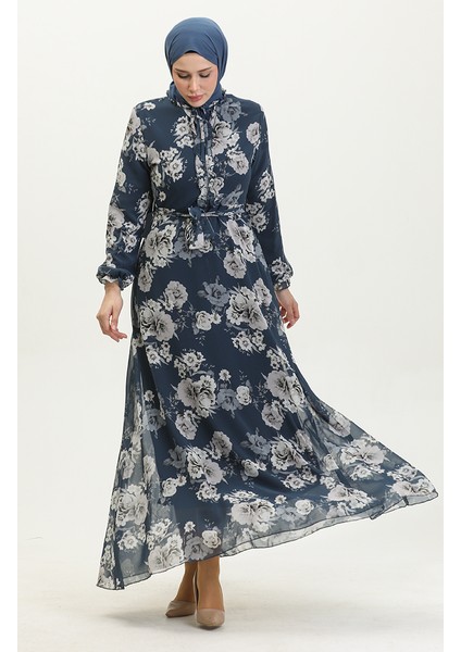 Gül Desenli Kuşaklı Şifon Elbise 81832-04 Lacivert