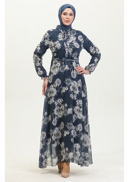 Gül Desenli Kuşaklı Şifon Elbise 81832-04 Lacivert fiyatları