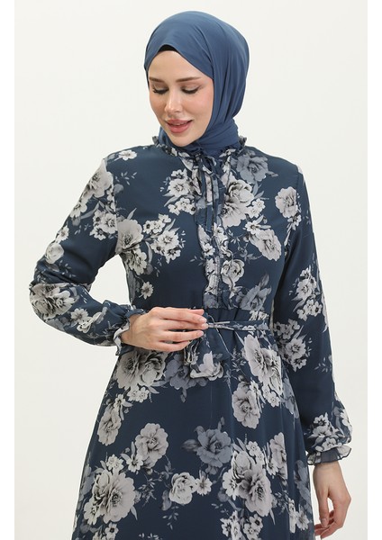 Gül Desenli Kuşaklı Şifon Elbise 81832-04 Lacivert modelleri